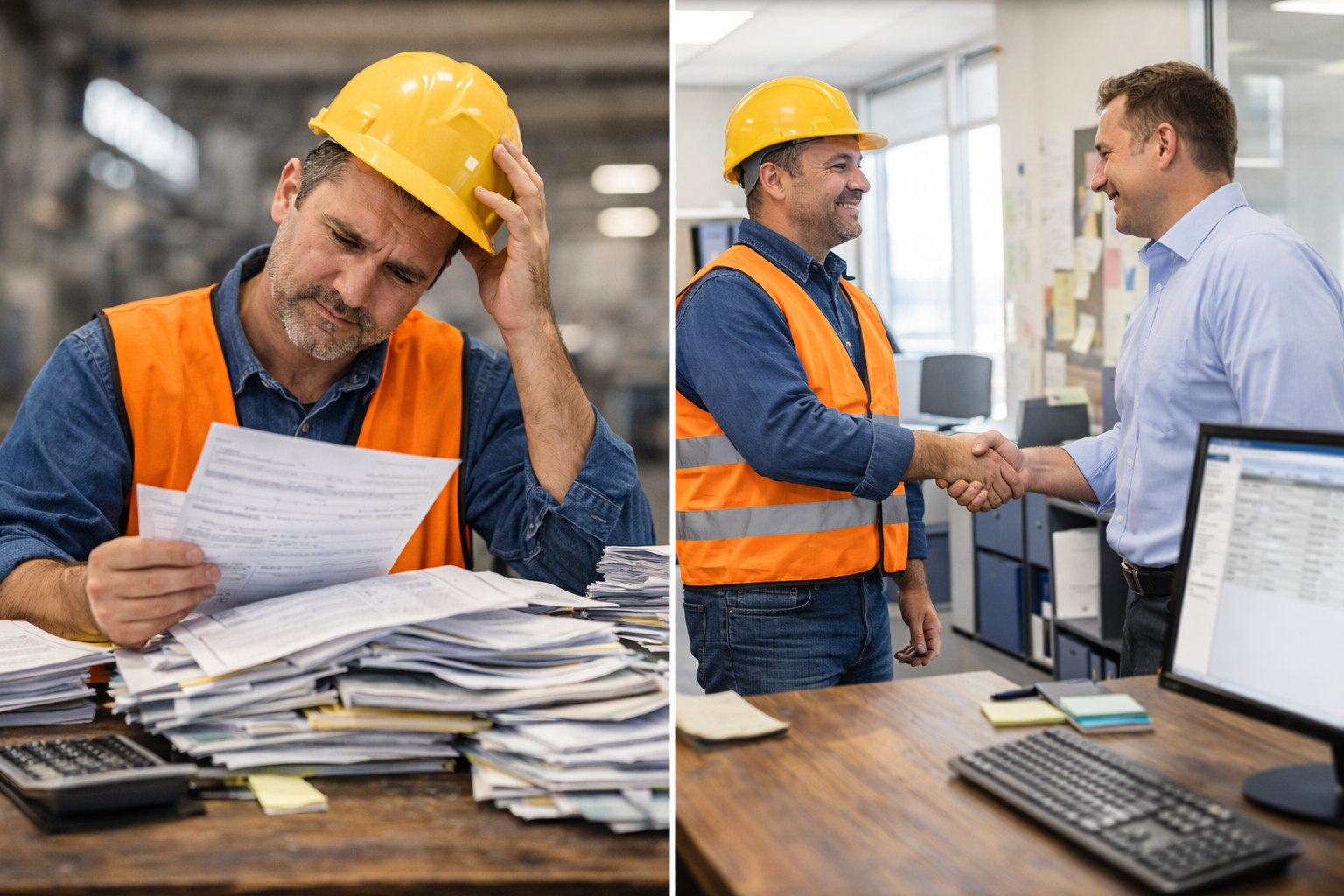 Before and after comparison showing stressed paperwork overload versus a structured handover to admin support