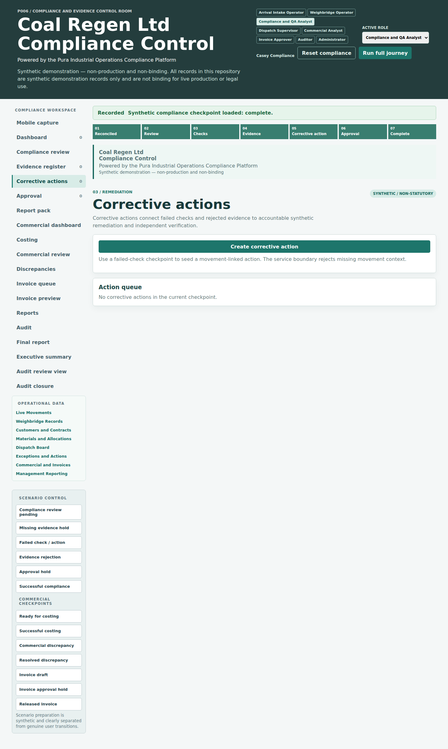 Synthetic corrective actions interface showing accountable follow-up from an inspection result